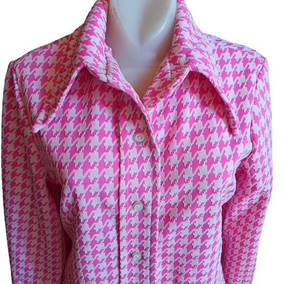 Medium Vintage 1970s Blazer Top Houndstooth Pink Disco Collar Dallas Texas Grann - Picture 1 of 7